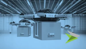 Drone inside a warehouse carrying a parcel, in a blue tone