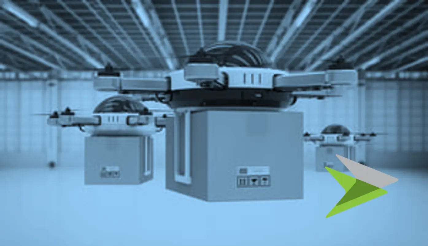 Drone inside a warehouse carrying a parcel, in a blue tone