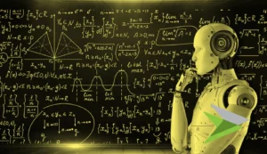Human robot in thoughtful consideration against a blackboard showing lots of formulas. Yellow tone.