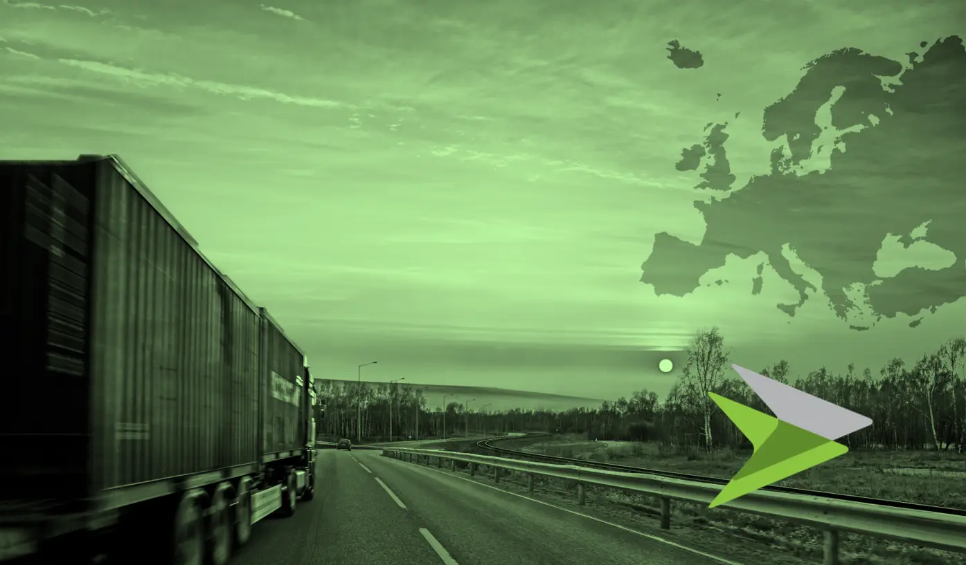 Truck driving towards sun with a map of Europe super-imposed in the sky, in a green tone.