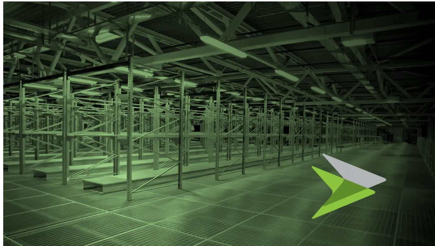 Empty racks in warehouse in a green tone.