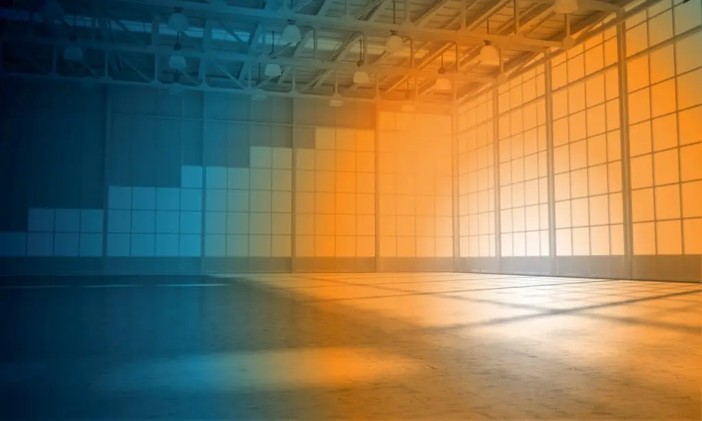 Empty warehouse in hues of blue and orange