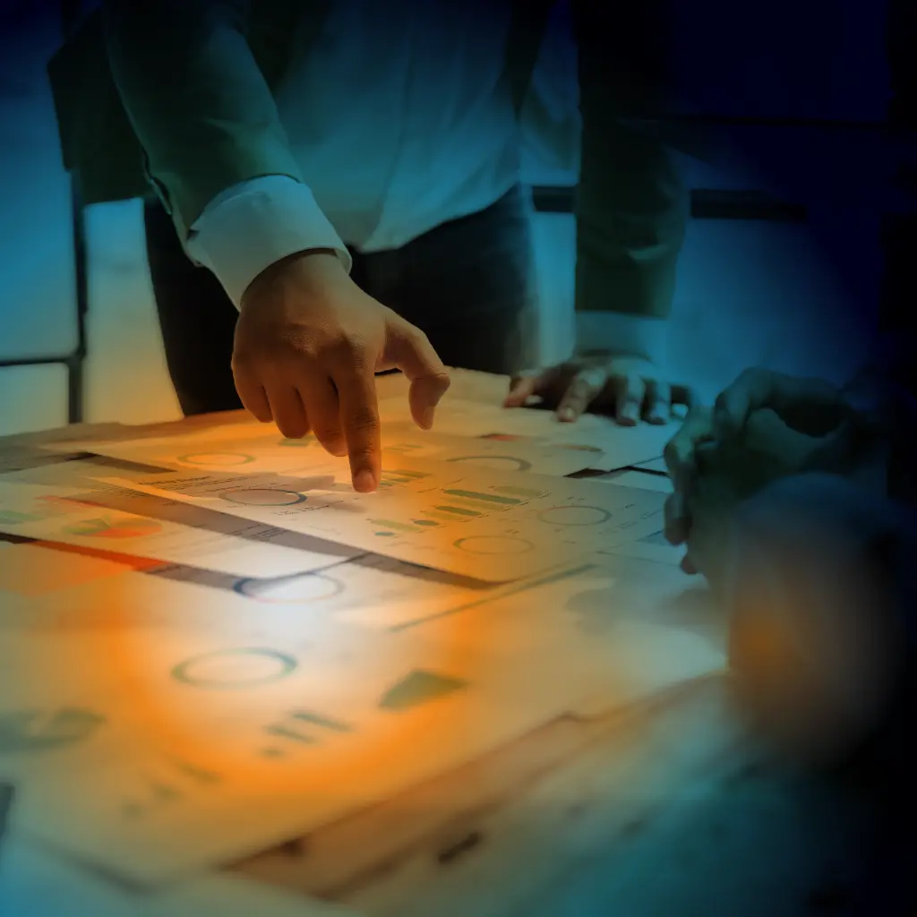 Hands pointing at pie charts on a conference room table