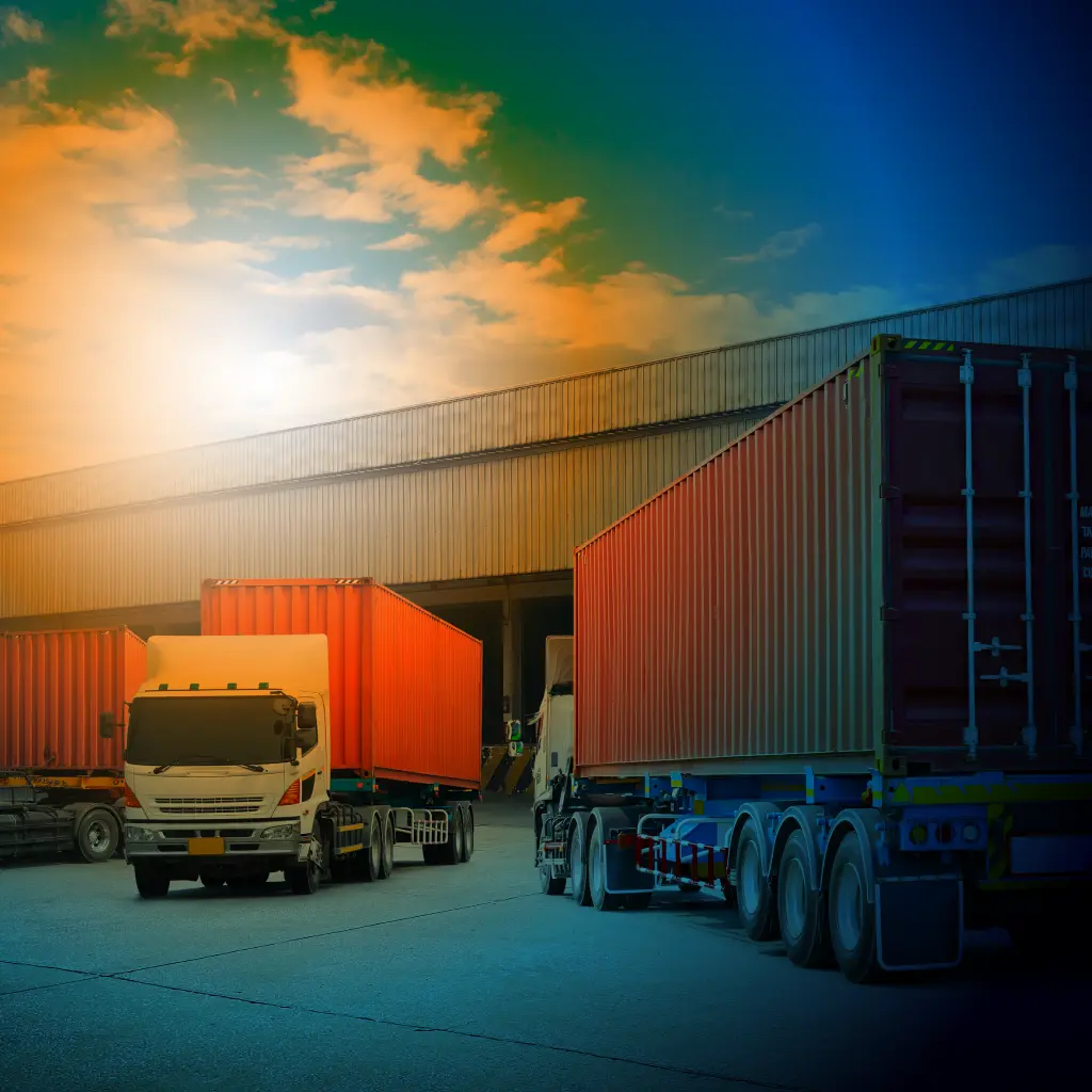 Three trucks carrying containers at the loading bays of a warehouse