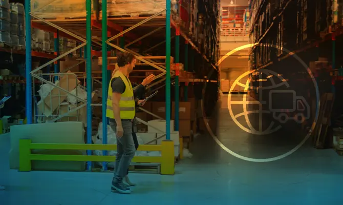 Two people walking past racking in a warehouse