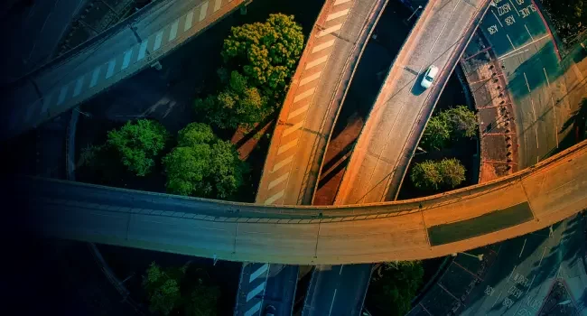 Birds eye view of an interchange at a fly over
