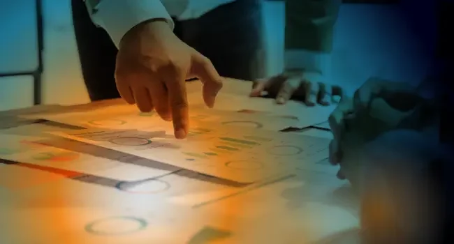 Hands pointing at paperwork on a desk