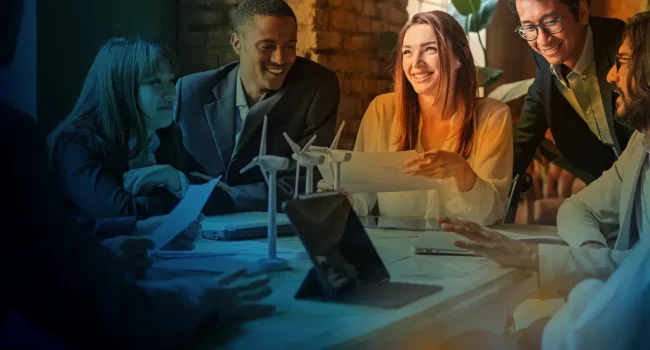 Group of people laughing around a conference table