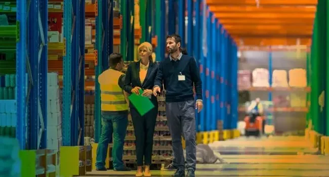 Two people walking through a warehouse and looking at the racks