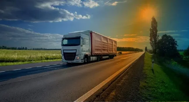 A truck on the motorway with the sun behind it.